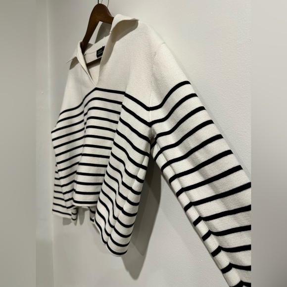 MONOPRIX Striped 100% Cotton Collared Vneck Cropped Long Sleeve Size M - Picture 5 of 6